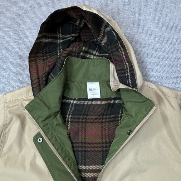 Blair Womens Hooded Jacket Khaki Removeable Plaid Liner Snap Zip Pockets Size L - Picture 10 of 16